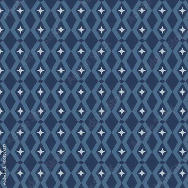 Fototapeta Seamless Blue Diamond Pattern with White Stars and Geometric Lattice