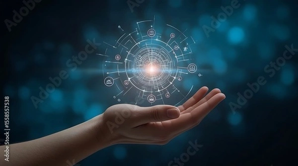 Fototapeta A hand holding a glowing digital interface with various icons against a dark blue bokeh background