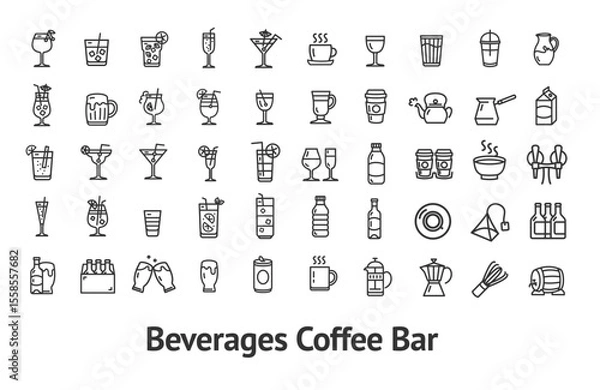 Fototapeta Beverage Coffee Bar Sign Black Thin Line Icon Set Include of Wine, Milk and Tea. Vector illustration of Icons