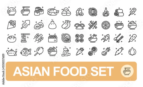 Fototapeta Asian Food Sign Black Thin Line Icon Set Include of Japanese, Chinese and Korean Cuisine. Vector illustration of Icons