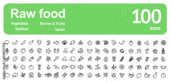 Fototapeta Raw Food Sign Black Thin Line Icon Set Include of Vegetable, Spice, Fruit, Berry and Seafood. Vector illustration of Icons