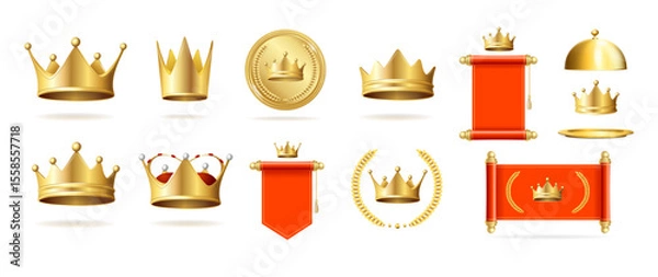 Fototapeta Realistic Detailed 3d Gold Royal Objects Set Include of Golden Crown and Flag. Vector illustration of Crowns