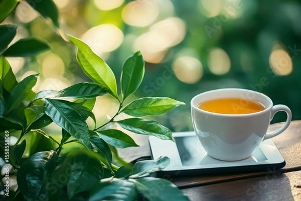 Fototapeta Senior woman at a caf using a digital tablet, staying connected and engaged with the world around her through technology, Generative AI
