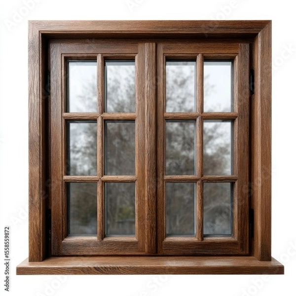 Fototapeta Classic wooden window with grids and a view of trees and foliage against a white background