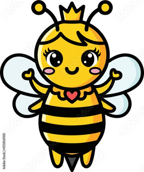 Obraz Cute Queen Bee Cartoon Character – Adorable Flying Bee with Crown and Heart Necklace for Kids and Nursery Design
