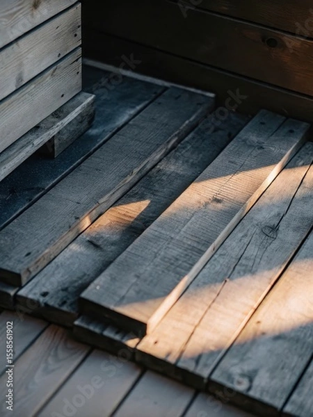 Fototapeta Weathered wooden planks on a rustic hardwood floor with a warm golden glow
