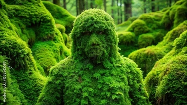 Fototapeta Dense green moss foliage covering a partially hidden figure