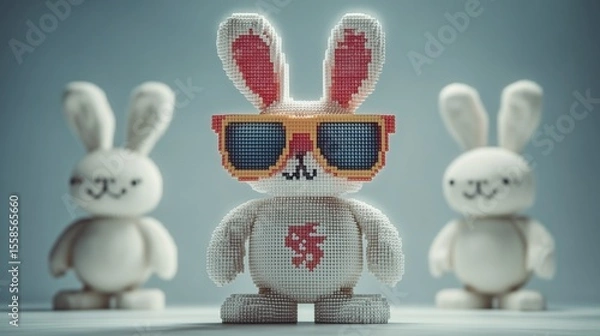 Fototapeta Retro-gamer in pixel sunglasses under a massive Easter bunny shadow on a hazy white background, playful holiday vibe