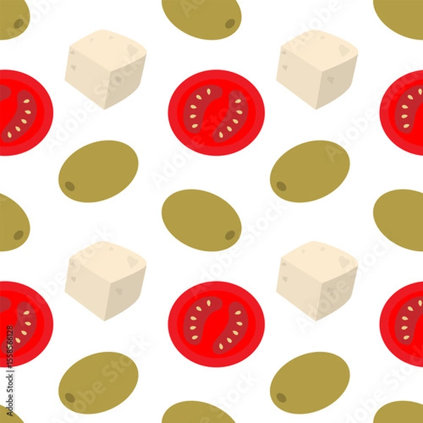 Fototapeta Tomatoes slices Cheese Cubes and olives Seamless Pattern Food Poster Healthy Eating Background idea