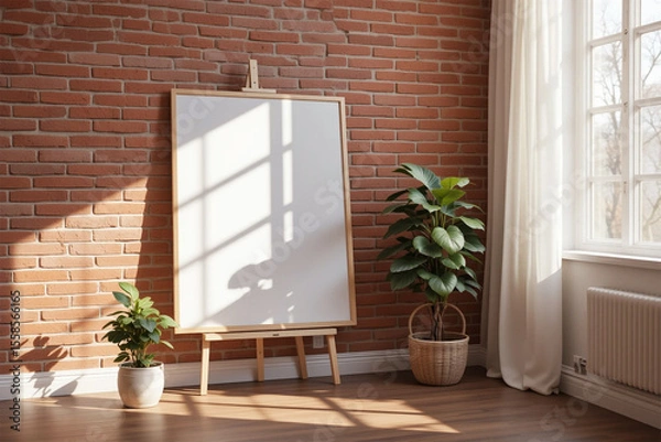 Fototapeta Bright Room with Brick Wall, Blank Canvas Mockup on Easel, and Potted Plants
