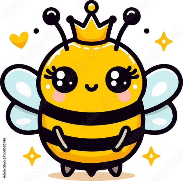 Obraz Cute Queen Bee Cartoon – Adorable Smiling Bee with Crown and Sparkles for Kids and Nursery Design