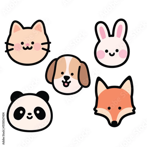 Fototapeta Vector art of collection of adorable animal faces including a cat rabbit dog panda and fox isolated on white background
