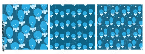 Fototapeta Hand Drawn Blue Balloons Round and Deflated Seamless Patterns on Dark Blue Backdrop Holiday Fond Set