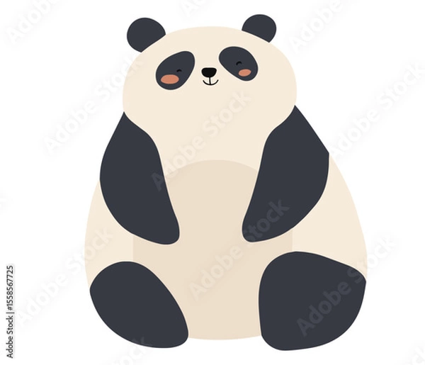 Fototapeta Cute minimalist vector illustration of a smiling panda with rosy cheeks and rounded form in soft cream and charcoal tones. Ideal for nursery art, greeting cards, kid-friendly branding, and web design.