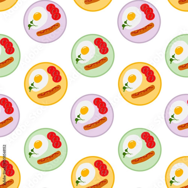Fototapeta Fried Egg with Grilled sausages and Tomato slices on colorful plates Seamless Pattern Domestic food
