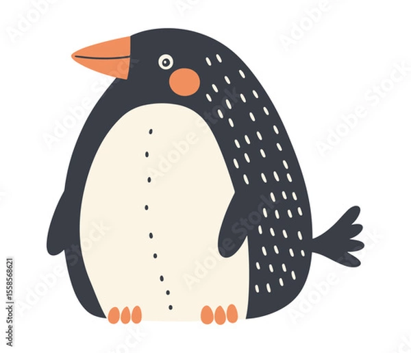 Fototapeta Whimsical minimalist vector of a round penguin with orange beak, rosy cheeks, and dotted side texture in muted gray and cream tones. Perfect for children’s decor, holiday cards, web banners.