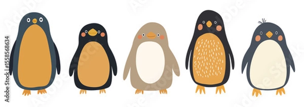 Fototapeta Set of five minimalist cartoon penguin vectors in muted blue, gray and mustard tones, featuring rosy cheeks and playful poses. Ideal for nursery decor, holiday cards, web banners.