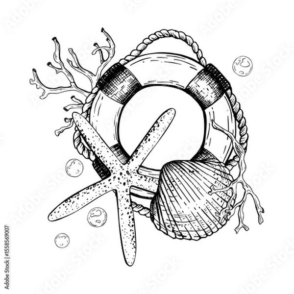 Fototapeta Black and white marine illustration with lifebuoy ring adorned with a starfish, seashell, coral, seaweed branches, and bubbles. The detailed hand drawn vector composition. Sketch in line art style.
