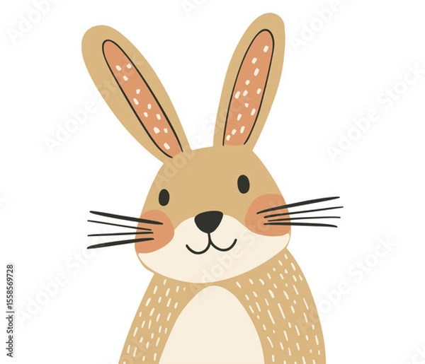 Fototapeta Charming minimalist vector illustration of a friendly bunny face with rosy cheeks and long ears in warm beige tones. Ideal for children’s decor, Easter cards, greeting designs, and playful branding.