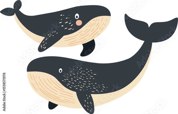 Fototapeta Set of playful, minimalist vector whale illustrations in muted gray and beige, with rosy cheeks, spots and stripes. Ideal for children’s books, nursery decor, ocean-themed branding and web graphics.