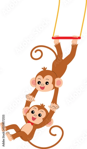 Obraz smile monkey cartoon acrobatics show swing on trapeze with teammate, cute monkey character circus performing show illustration