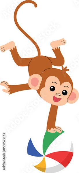 Obraz smile monkey cartoon acrobatics show with ball, cute monkey character circus performing show illustration