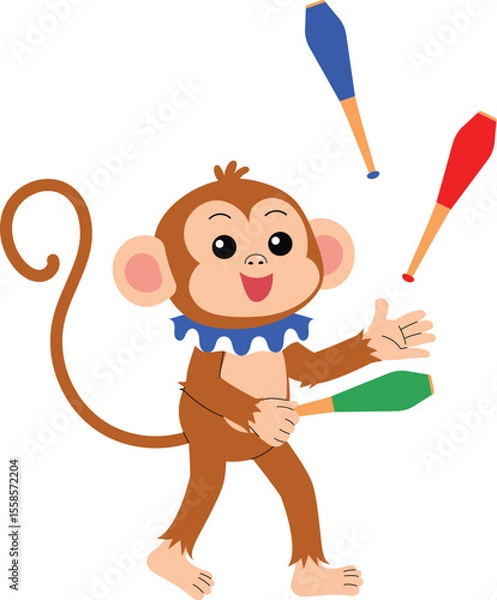 Obraz smile monkey cartoon juggling club show, cute monkey character circus performing show illustration