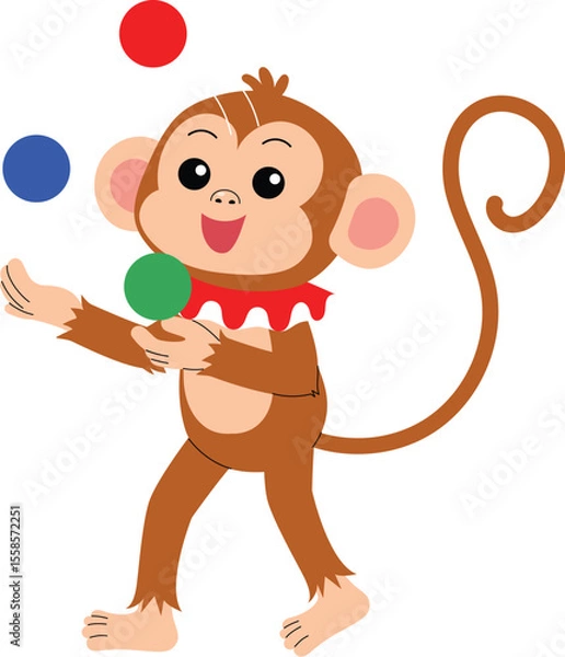 Obraz smile monkey cartoon juggling balls show, cute monkey character circus performing show illustration