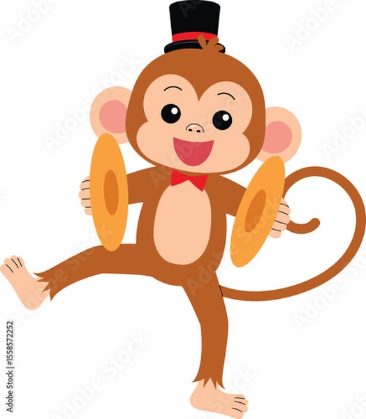 Obraz smile monkey cartoon play cymbals, cute monkey character circus performing show illustration