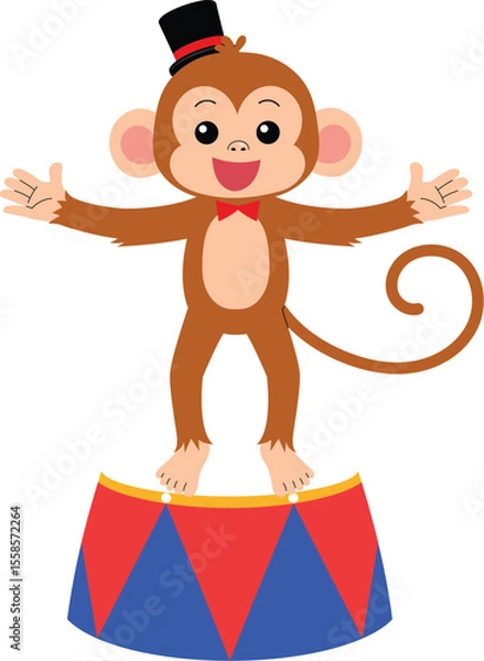 Obraz smile monkey cartoon stand performing circus act podium, cute monkey character circus performing show illustration