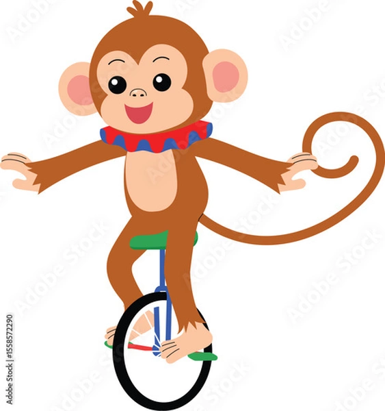 Obraz smile monkey cartoon balance on riding a unicycle, cute monkey character circus performing show illustration
