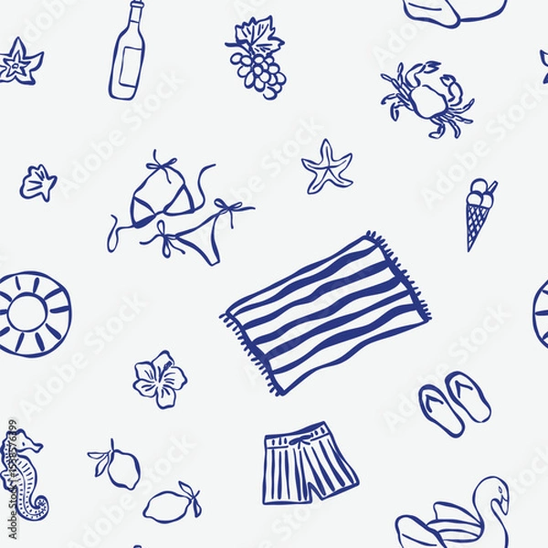 Obraz Seamless vector pattern featuring hand drawn summer and beach-themed elements in minimal outline style.