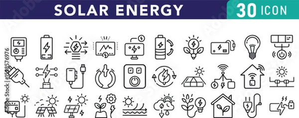 Obraz A set of 30 Vector art of  solar energy icons depicts various renewable energy sources and technologies