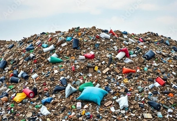 Fototapeta A sprawling mound of refuse and debris in a landfill, overflowing with garbage,  dirty,  ecological damage