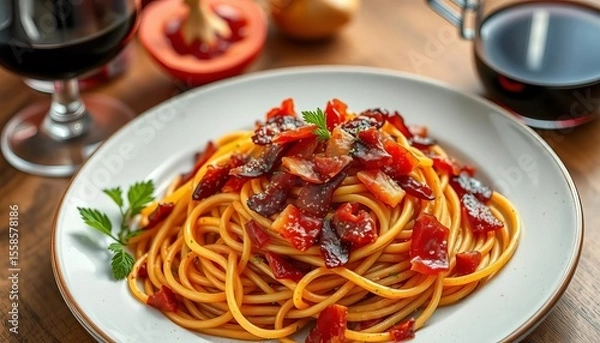 Fototapeta A tangled plate of spaghetti tossed with crispy bacon, glistening with red wine reduction,  still life,   ingredients