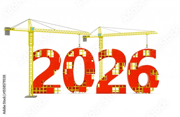 Obraz Construction cranes building large 3D numbers 2026, symbolizing progress, development, and future planning.3D render.