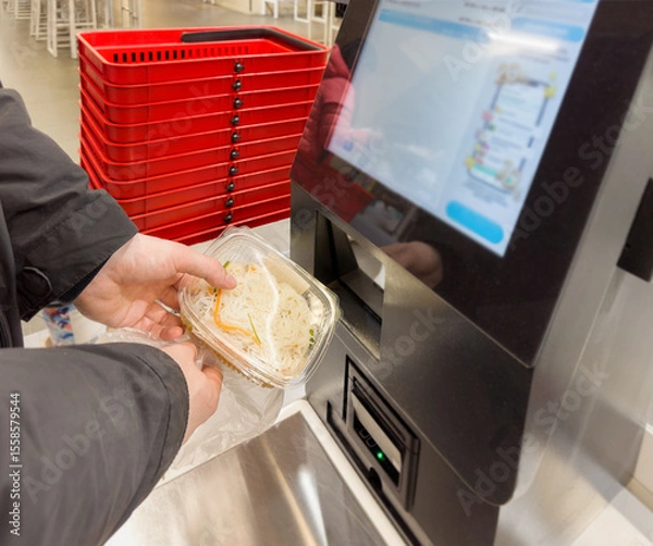 Obraz Self-checkouts or self-service checkouts,man paying for the purchases  in supermarkets