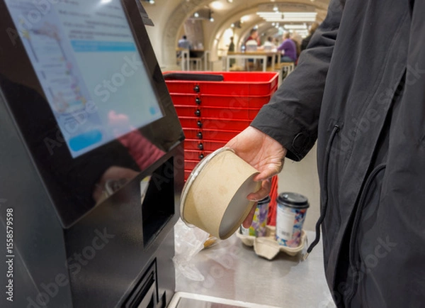 Obraz Self-checkouts or self-service checkouts,man paying for the purchases  in supermarkets