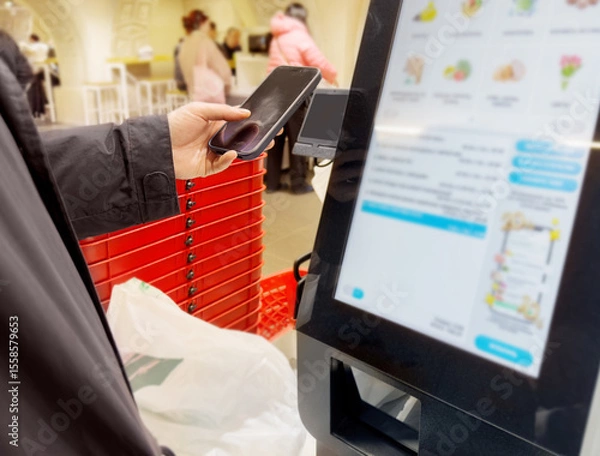 Obraz Self-checkouts or self-service checkouts,man paying for the purchases  in supermarkets