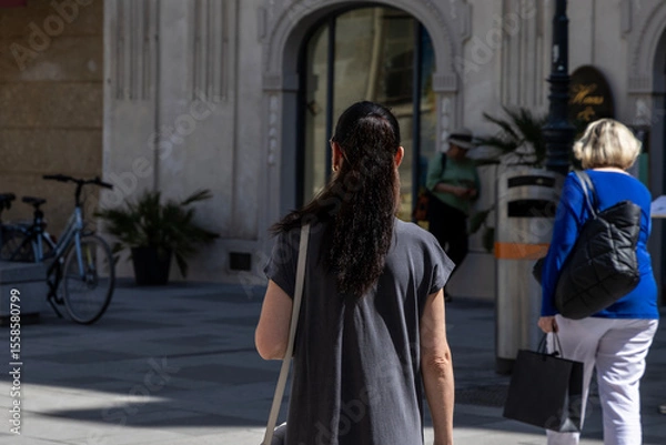 Obraz Female tourist walks in a historical city and sees the sights. View from behind. Austria, Vienna