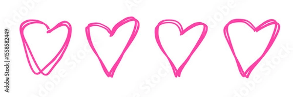 Fototapeta Set of neon pink handdrawn scrawl hearts in doodle style. Rough felt-tip pen or marker sketch. Vector illustration