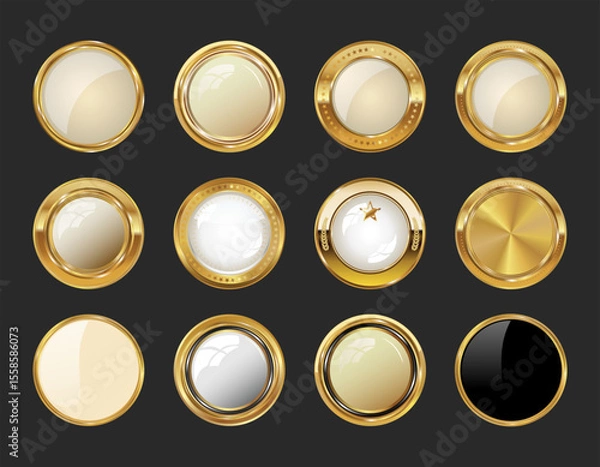 Fototapeta Gold Round Badge Set on Black Background Premium Vector Labels for Awards and Certificates