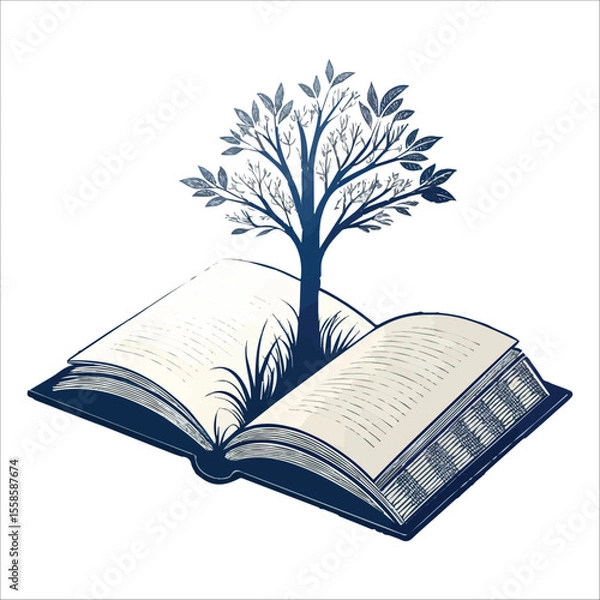 Obraz arene Blue Ink Tree Growing from Open Book: Knowledge, Nature, Growth Concept