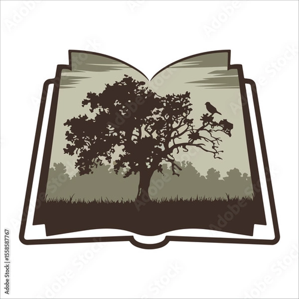 Obraz Serene Nature Scene: Open Book Silhouette with Tree and Bird, Peaceful, Vintage Style Illustration