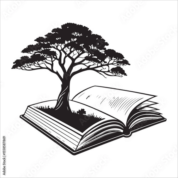 Obraz Monochrome illustration: Tree growing from open book, symbolic of knowledge, nature, growth, and education.SILHOUETTE