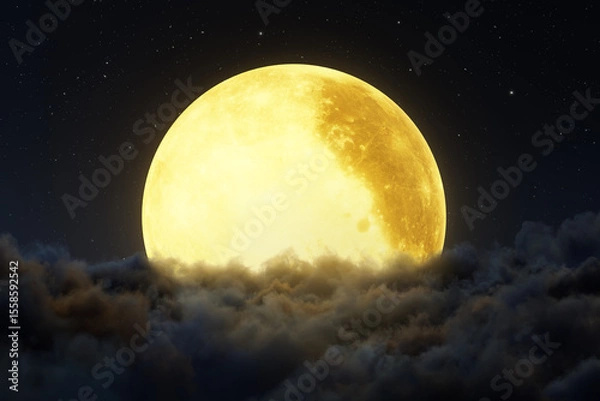 Fototapeta Big yellow moon above the night clouds. 3D Rendering