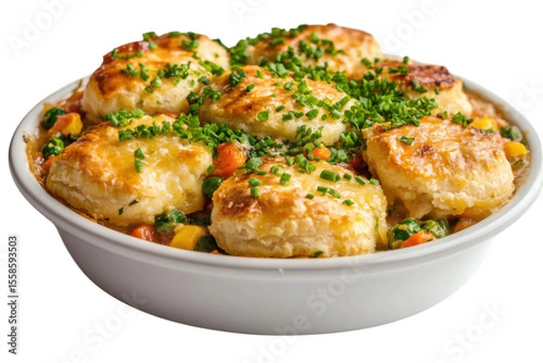 Fototapeta Golden Brown Biscuit Topped Chicken Pot Pie Vegetable Casserole Dish isolated on a transparent background