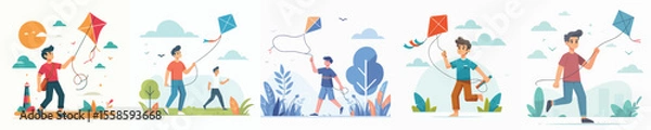 Fototapeta vector character of young man playing kite