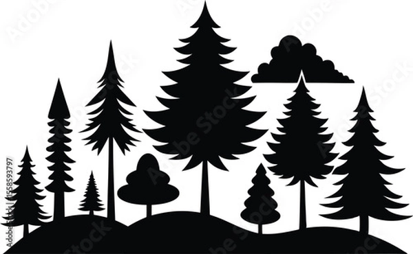 Fototapeta Doodle forest conifer abstract silhouettes outlined trees in black color vector