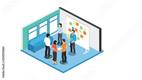 Fototapeta Isometric view of a business team collaborating and brainstorming ideas in a modern office space setting